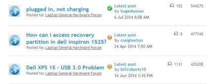 A screenshot of a few topics on the Dell laptop forum.